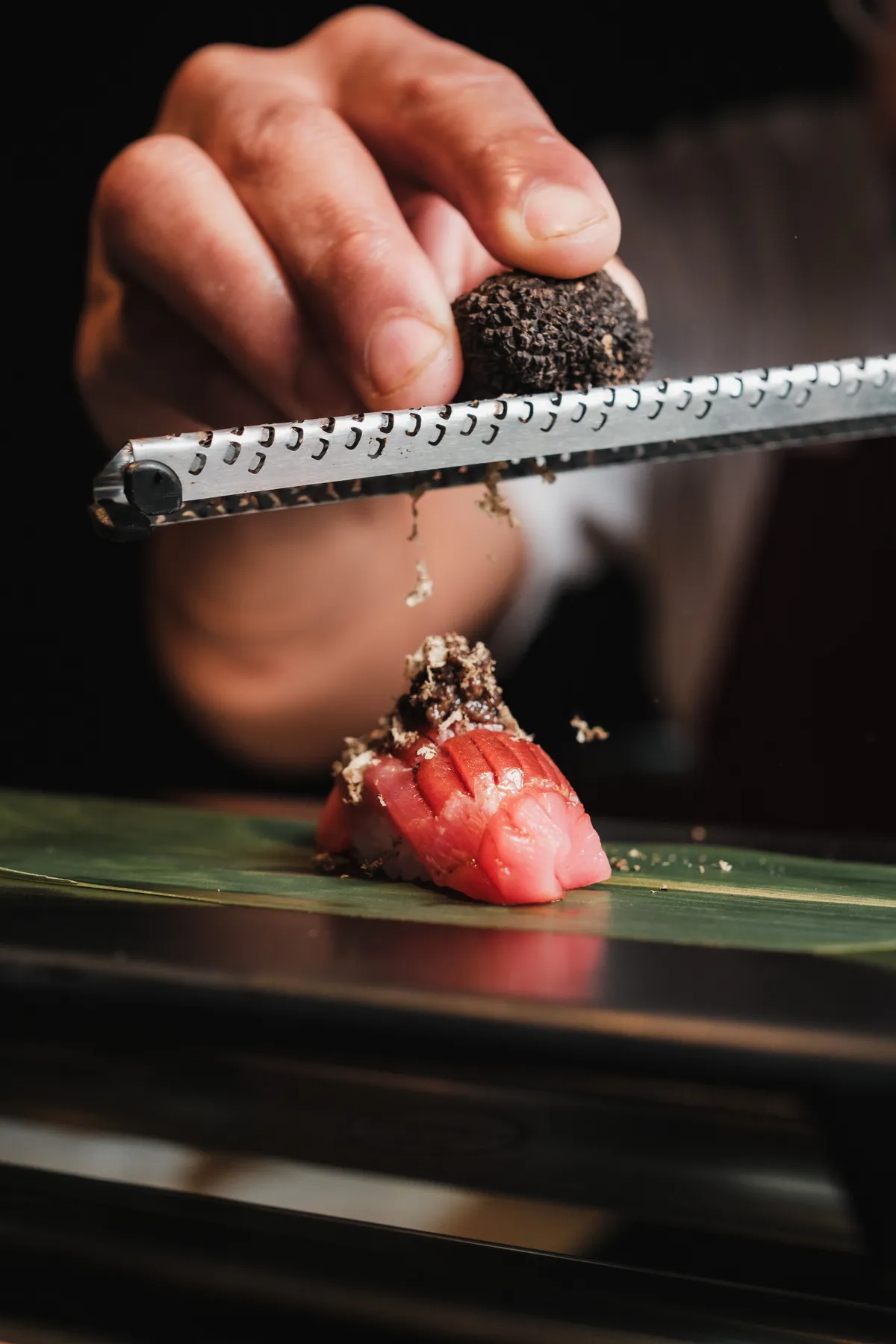 Fresh wasabi grated onto nigiri